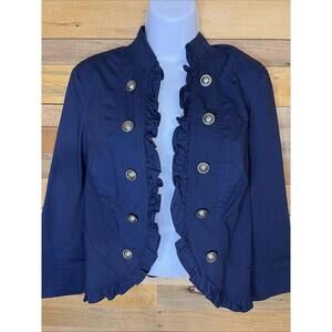 INC International Concepts Jacket Women’s M Navy Romantic Ruffle Military Chic
